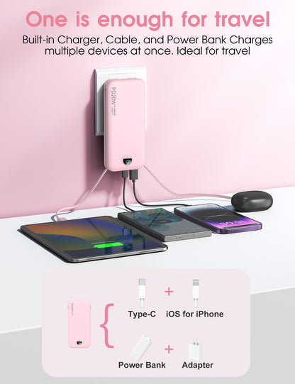 citicr Portable Charger 10000mAh PD20W w/Built-in Cables & Wall Plug White