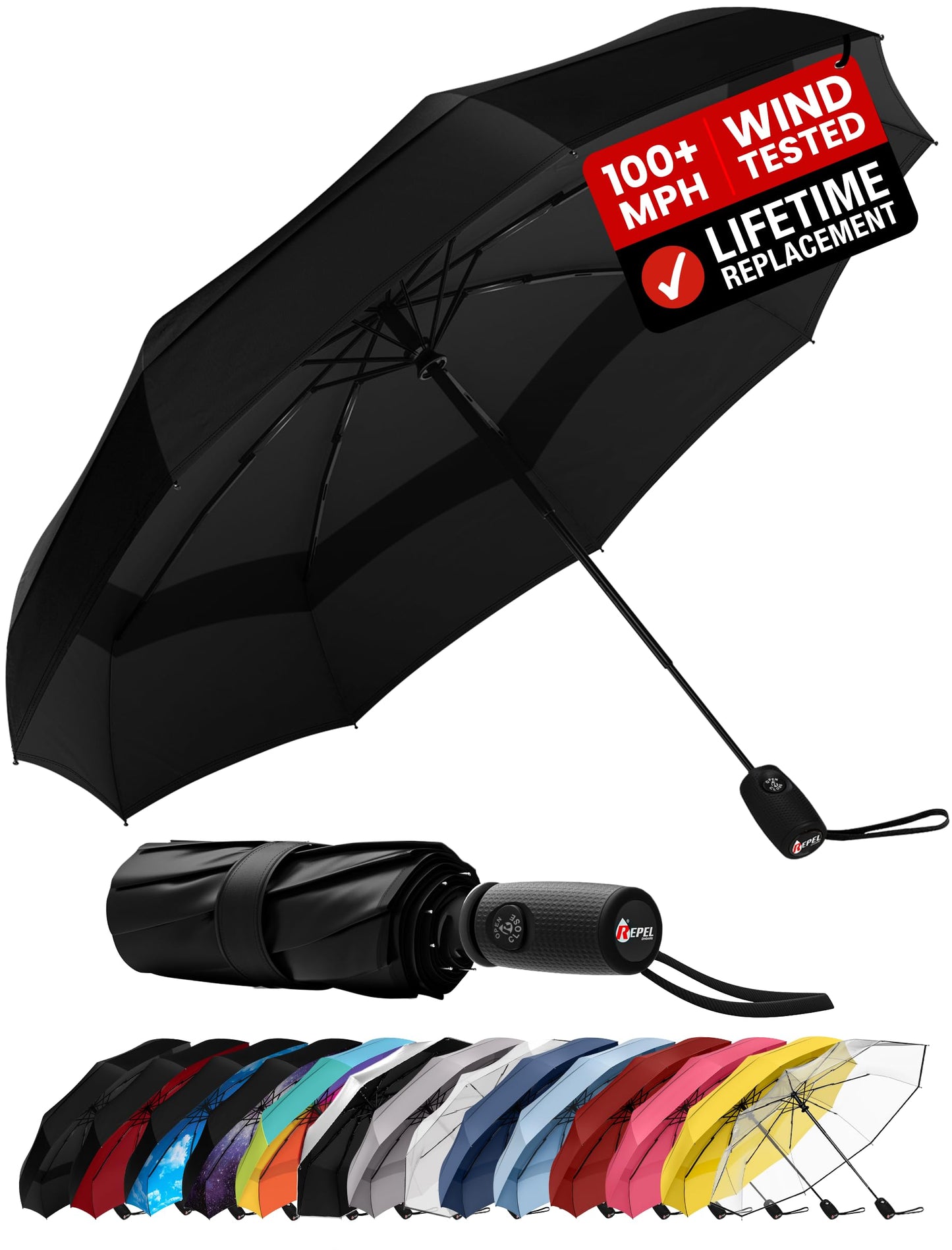 Windproof Travel Umbrella - Compact & Withstands Winds up to 100MPH, Strongest Premium Auto Folding Umbrella for Rain and Sun - Durable, Light & Portable for Women & Men, Fits Backpack & Cars