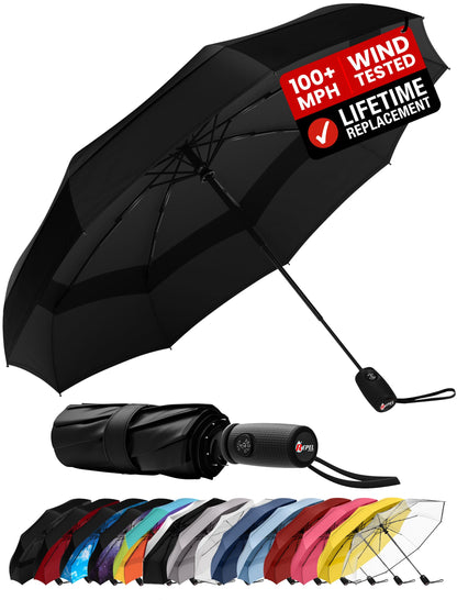 Windproof Travel Umbrella - Compact & Withstands Winds up to 100MPH, Strongest Premium Auto Folding Umbrella for Rain and Sun - Durable, Light & Portable for Women & Men, Fits Backpack & Cars