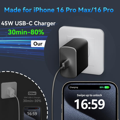 Phone 17 16 Pro Max Charger Fast Charging, 45W Super Fast USB C Charger Block with 10FT Long Charging Cord Cable for 17 16 Pro Max/17 16/16 Plus,15 Pro Max/15 Pro/15, Android Phone-Black