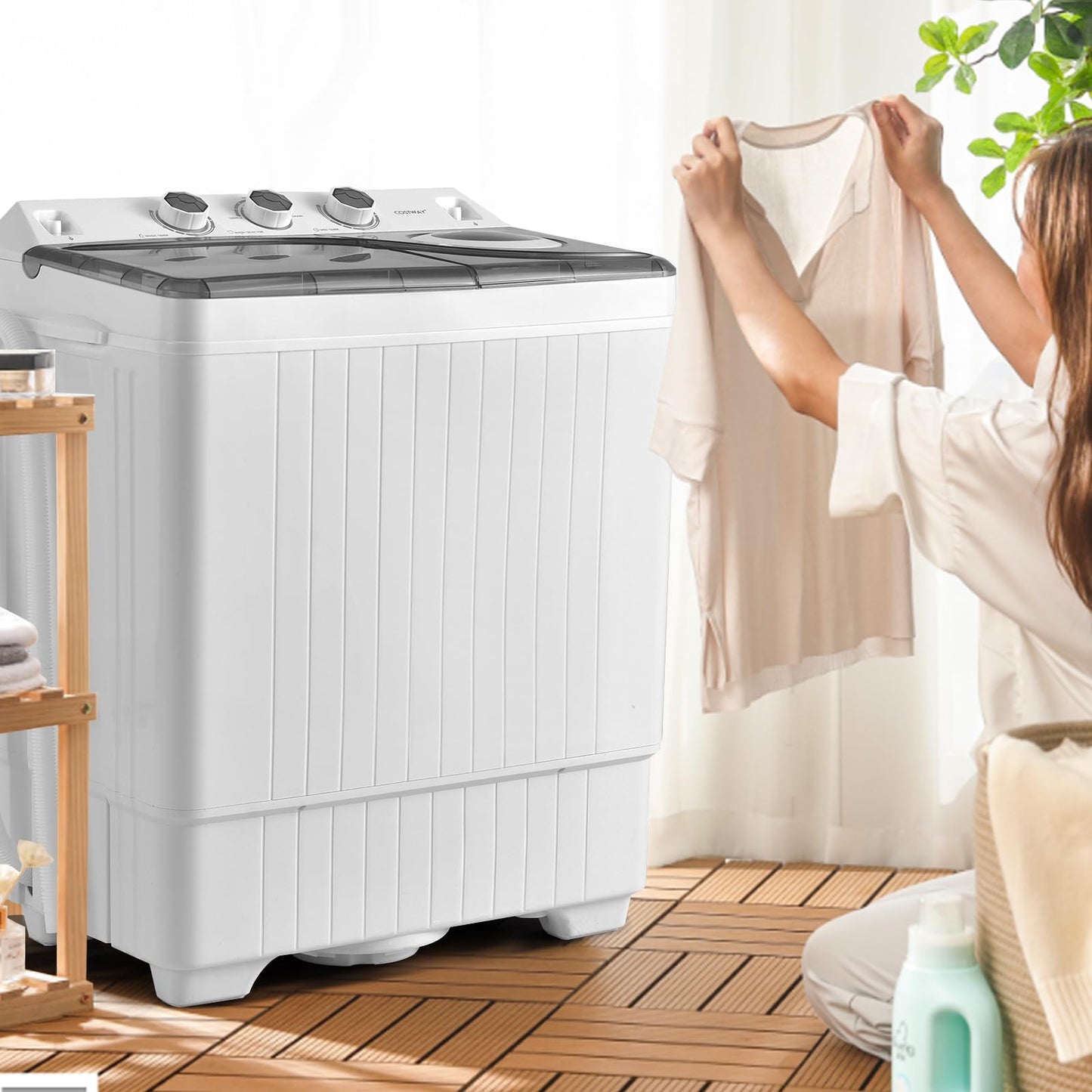 COSTWAY Portable Washing Machine, Twin Tub 26lbs Capacity Laundry Washer, 18lbs Washer and 8lbs Spinner Combo with Timer Knobs, Built-in Drain Pump, Compact Washer for Home Dorm Apartment, Blue+White
