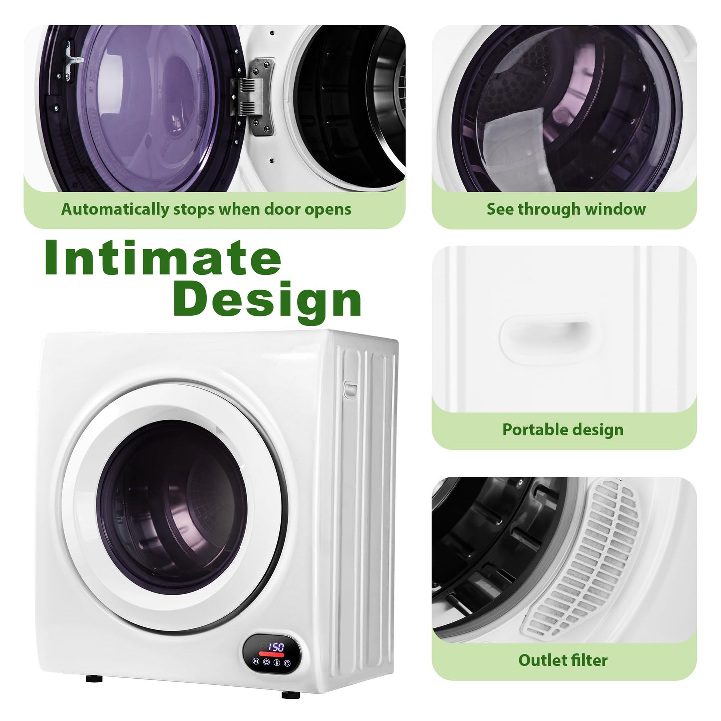 Euhomy Portable Clothes Dryer for Laundry, 1.5 Cu. Ft. Small Portable Dryers for Clothes, 120V Electric Dryer with Stainless Steel Drum, 850W Dryer Machine for Apartments, White
