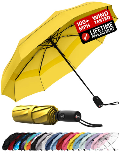 Windproof Travel Umbrella - Compact & Withstands Winds up to 100MPH, Strongest Premium Auto Folding Umbrella for Rain and Sun - Durable, Light & Portable for Women & Men, Fits Backpack & Cars
