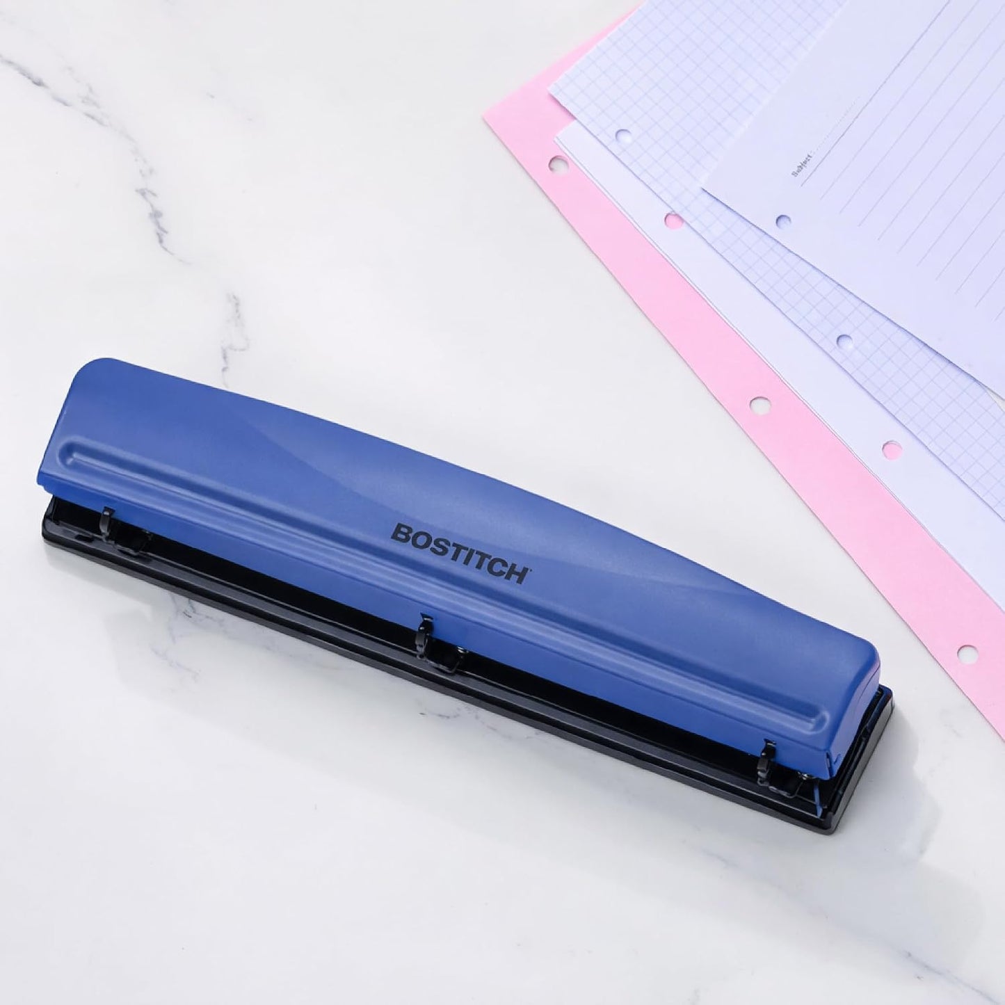 Bostitch Office Premium 3 Hole Punch, 12 Sheet Capacity, Metal, Rubber Base, Easy-Clean Tray, Silver
