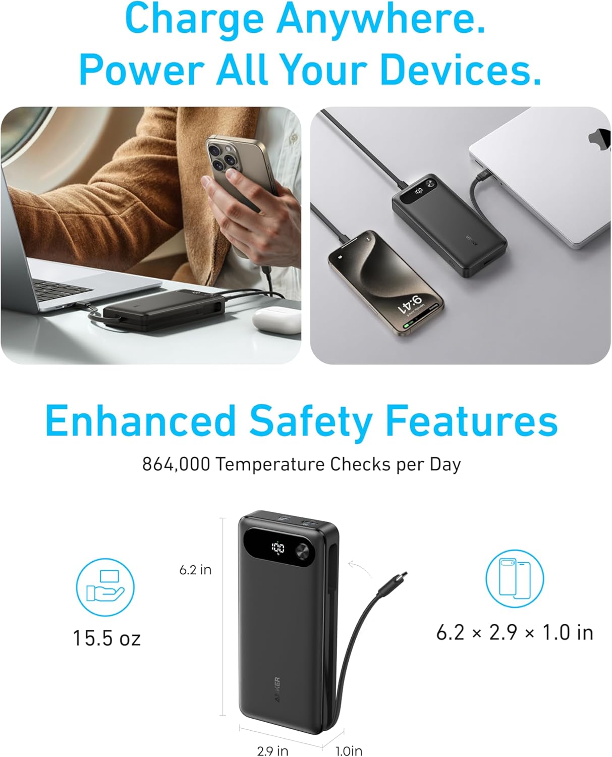 Anker Power Bank, 20,000mAh Travel Essential, Built-in USB-C Cable(Black)