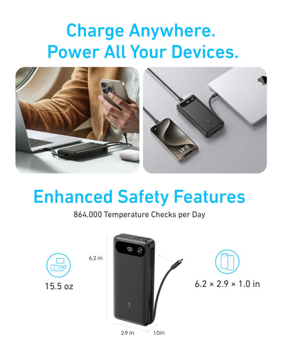 Anker Power Bank, 20,000mAh Travel Essential, Built-in USB-C Cable(Black)