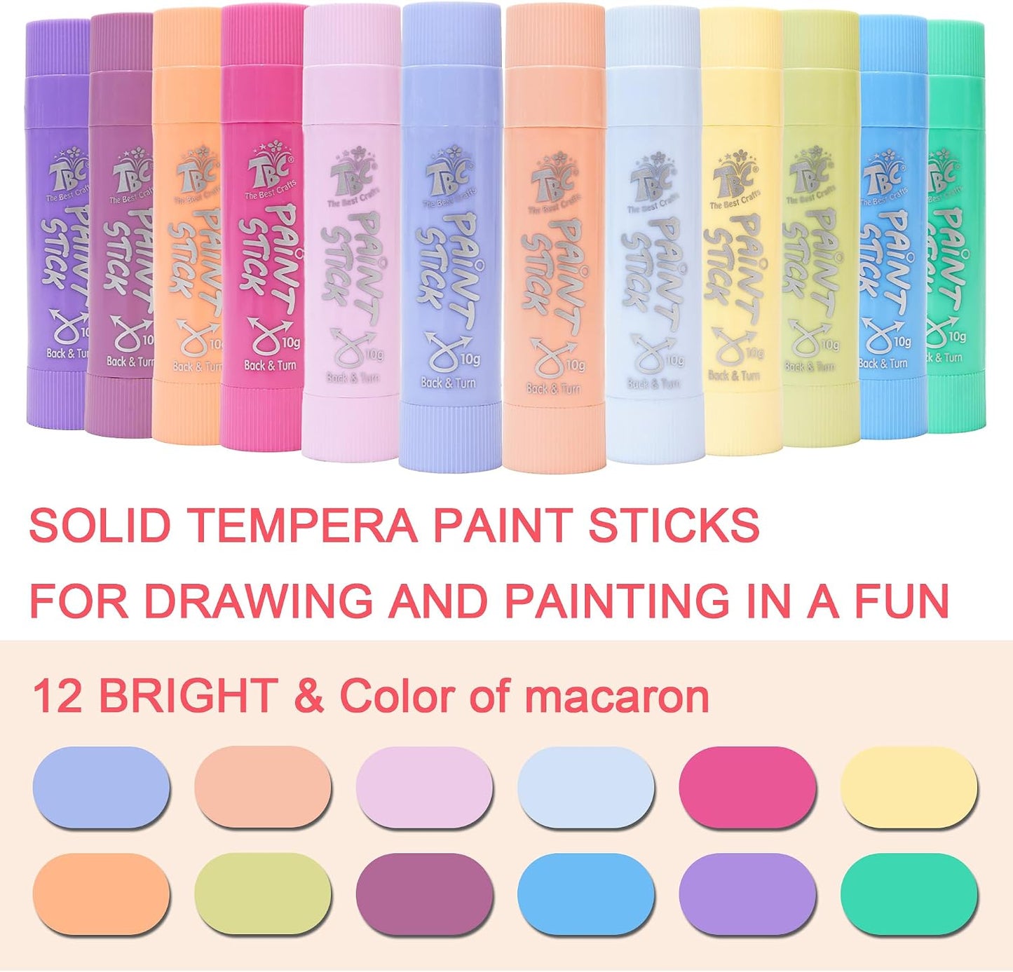 TBC The Best Crafts Paint Sticks for Kids Ages 2-8, 12 Classic Colors
