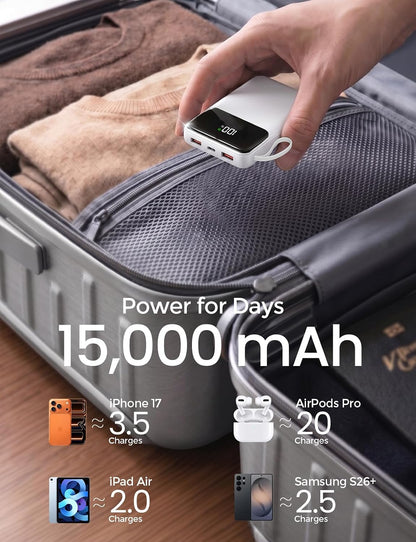 HELLEE 15000mAh Portable Charger Power Bank, 45% Smaller Built-in 4 Cables