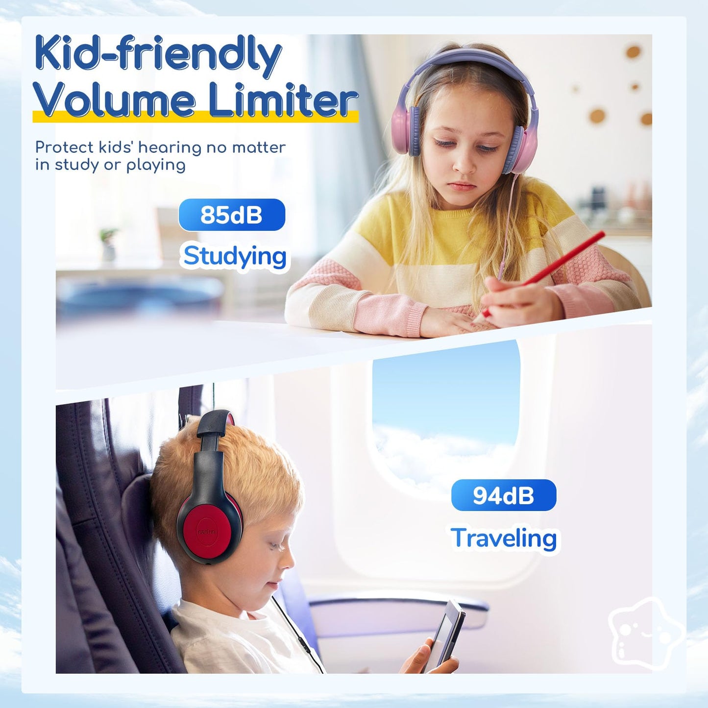 EarFun K1 Kids Headphones Wired with Mic, Volume Limit Headphones for Kids
