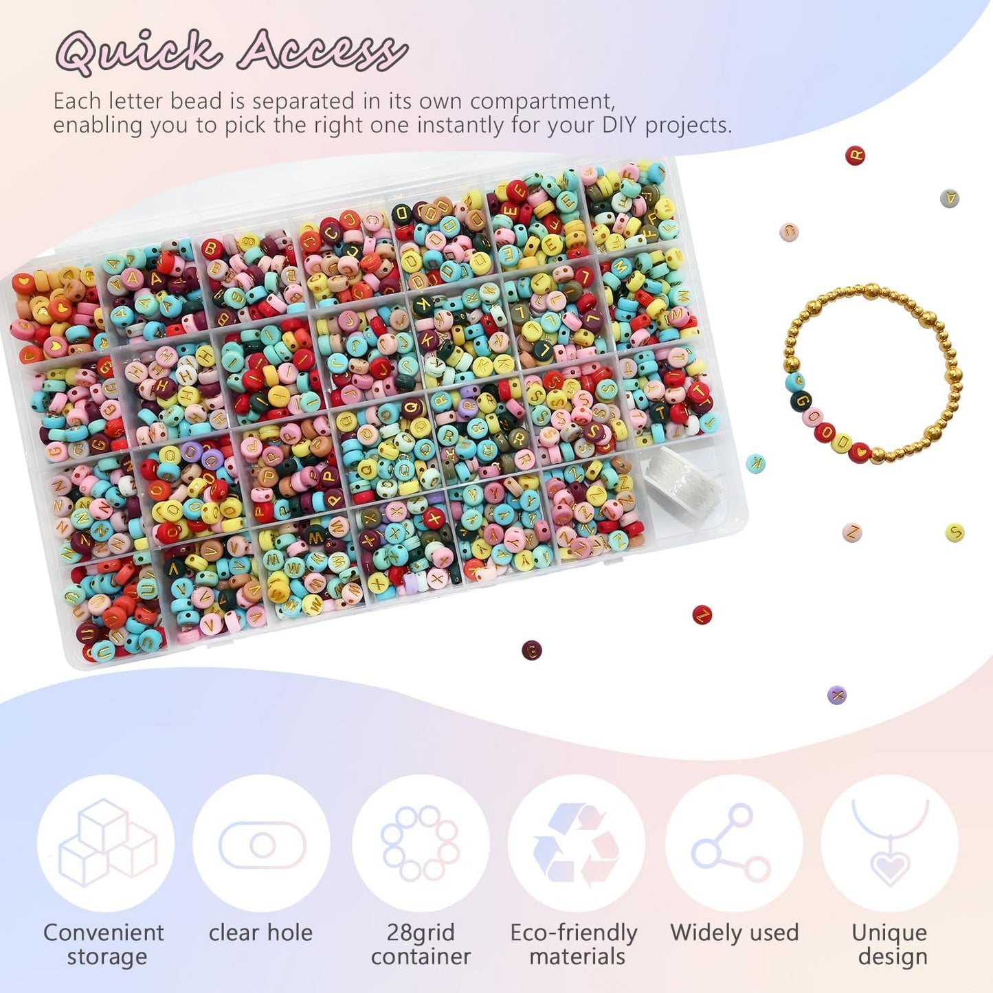 Looconi 810pcs Gold Letter Beads Square 6x6mm White Cube Acrylic Alphabet A-Z with Heart Pattern and Crystal Line for Jewelry Making