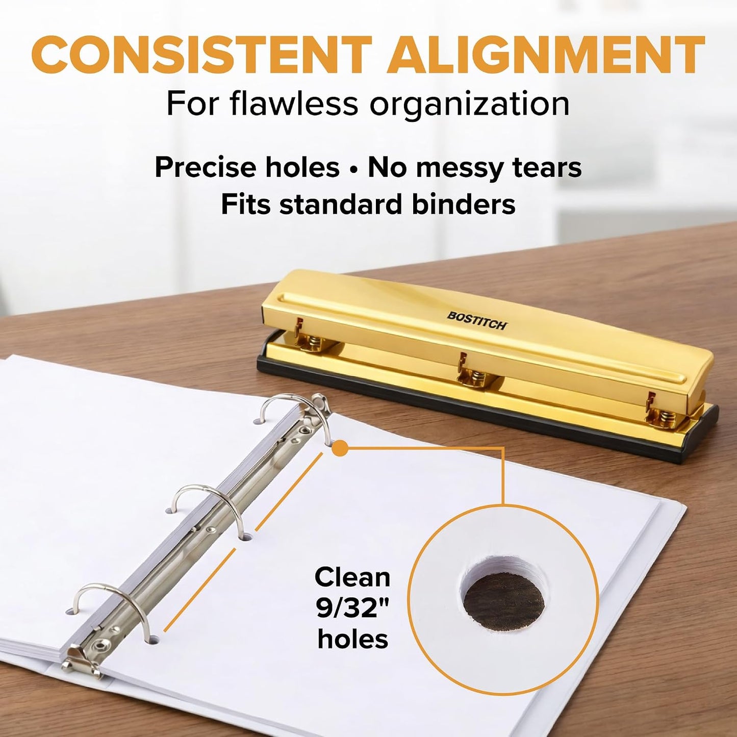 Bostitch Office Premium 3 Hole Punch, 12 Sheet Capacity, Metal, Rubber Base, Easy-Clean Tray, Silver