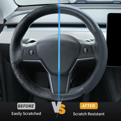 Uxcer Nappa Leather Steering Wheel Cover Compatible with Tesla Model 3/Y 2016-2025 2026 Juniper/Highland, Non-Slip Breathable Tesla Model 3/Y Steering Wheel Protector, White