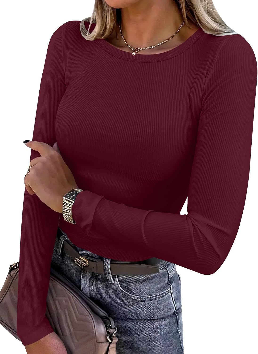 ANRABESS Women Long Sleeve Shirts Ribbed Fitted Tops