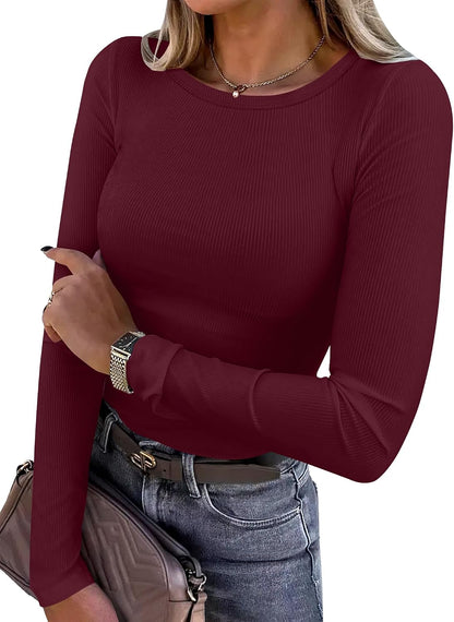 ANRABESS Women Long Sleeve Shirts Ribbed Fitted Tops