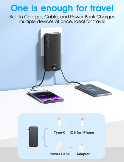 citicr Portable Charger 10000mAh PD20W w/Built-in Cables & Wall Plug White