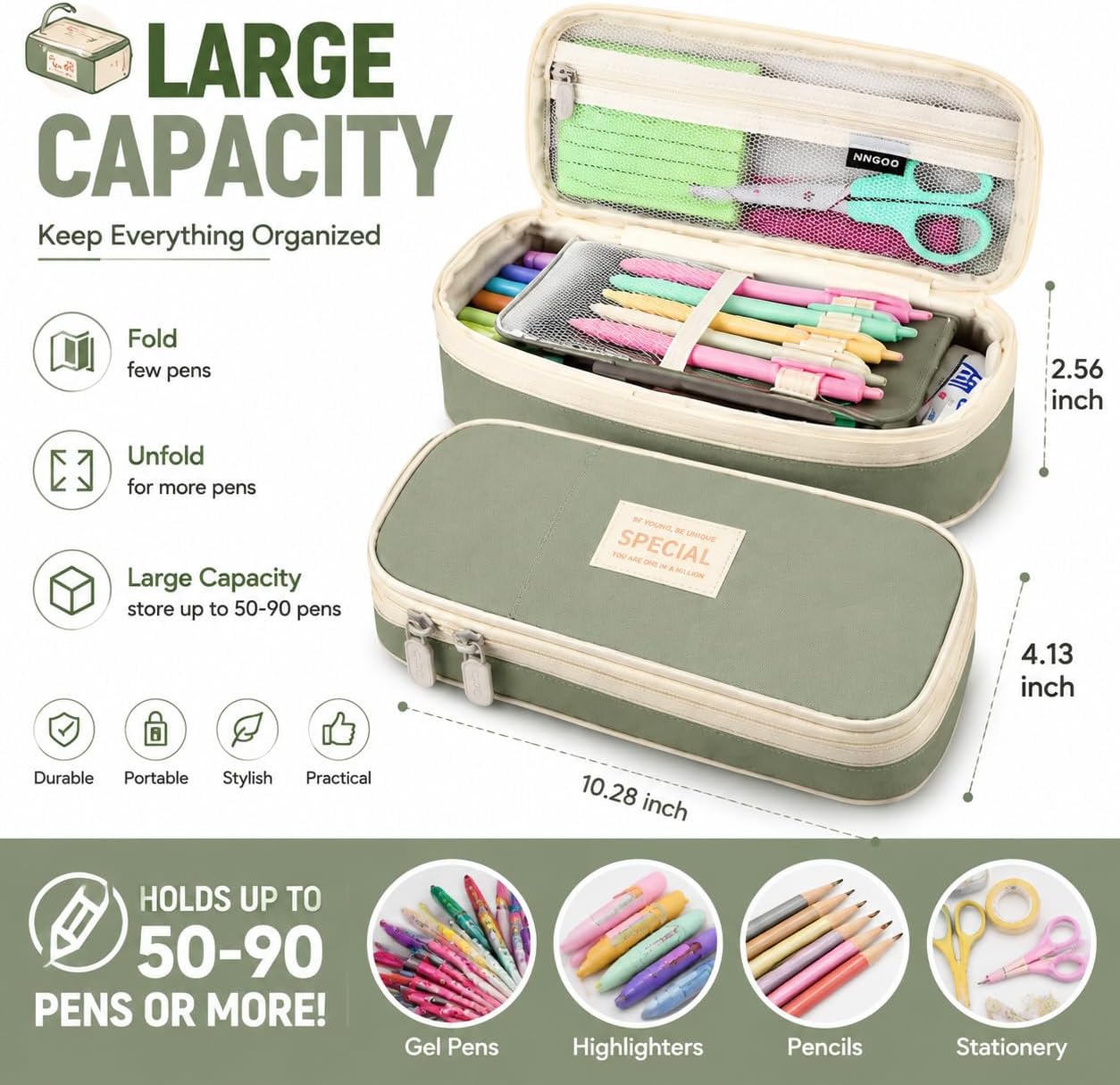 PUPTILY Pencil Case, Large Capacity Aesthetic Pencil Cases with Durable Zipper, Big Stationery Pencil Pouch for Women & Men, Adults Portable Storage Organizer Bag for College, Office, Travel (Green)