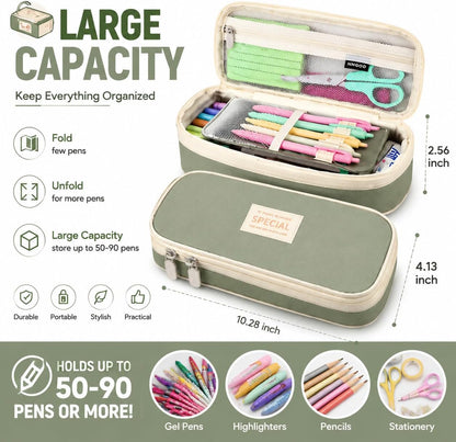 PUPTILY Pencil Case, Large Capacity Aesthetic Pencil Cases with Durable Zipper, Big Stationery Pencil Pouch for Women & Men, Adults Portable Storage Organizer Bag for College, Office, Travel (Green)