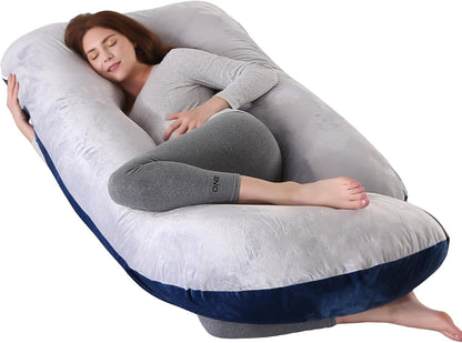 ALLOPERA Pregnancy Pillow, Full Body Maternity Pillow 57 inch, with Removable Washable Cover - Sleep Support for Legs, Back, Neck, Shoulder, HIPS, Belly, Velvet Cover-Grey-Dark Blue