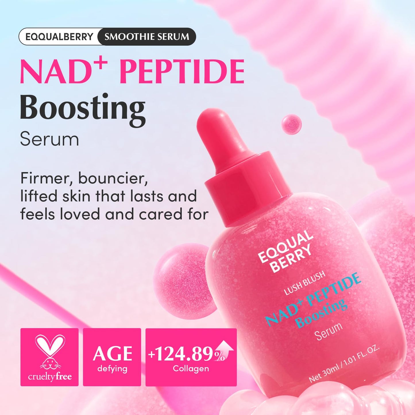 EQQUALBERRY NAD+ Peptide Boosting Serum | 14 Peptide Serum for Face, Neck & Body | Vegan Collagen & Pink Serum for Anti-Aging, Firming & Lifting | Korean Skincare (1.01 oz / 30ml)