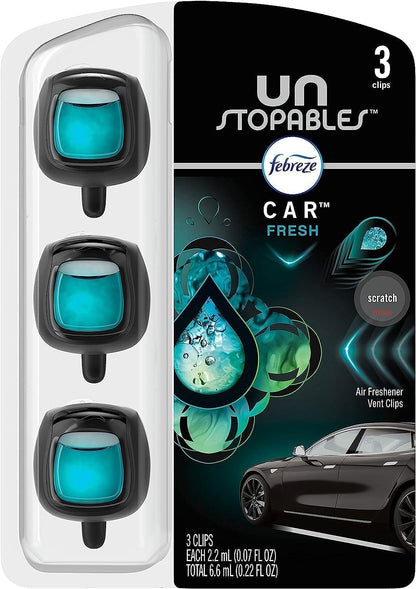 Febreze Car Air Freshener, Odor-Fighting Automotive Vent Clip, Scented Car Accessories, Long Lasting for Strong Odors, Unstopables Fresh Scent, .07 fl oz, 4 Count