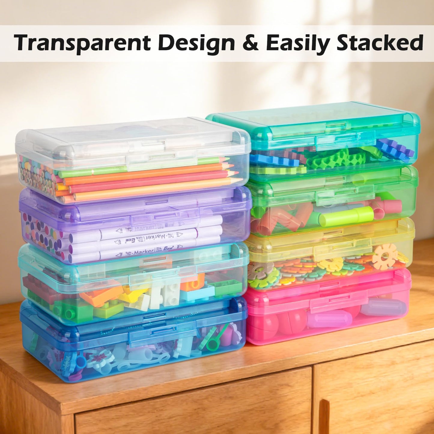Double Layer Plastic Clear Hard Colored Pencil Box Case Pen Crayon Box