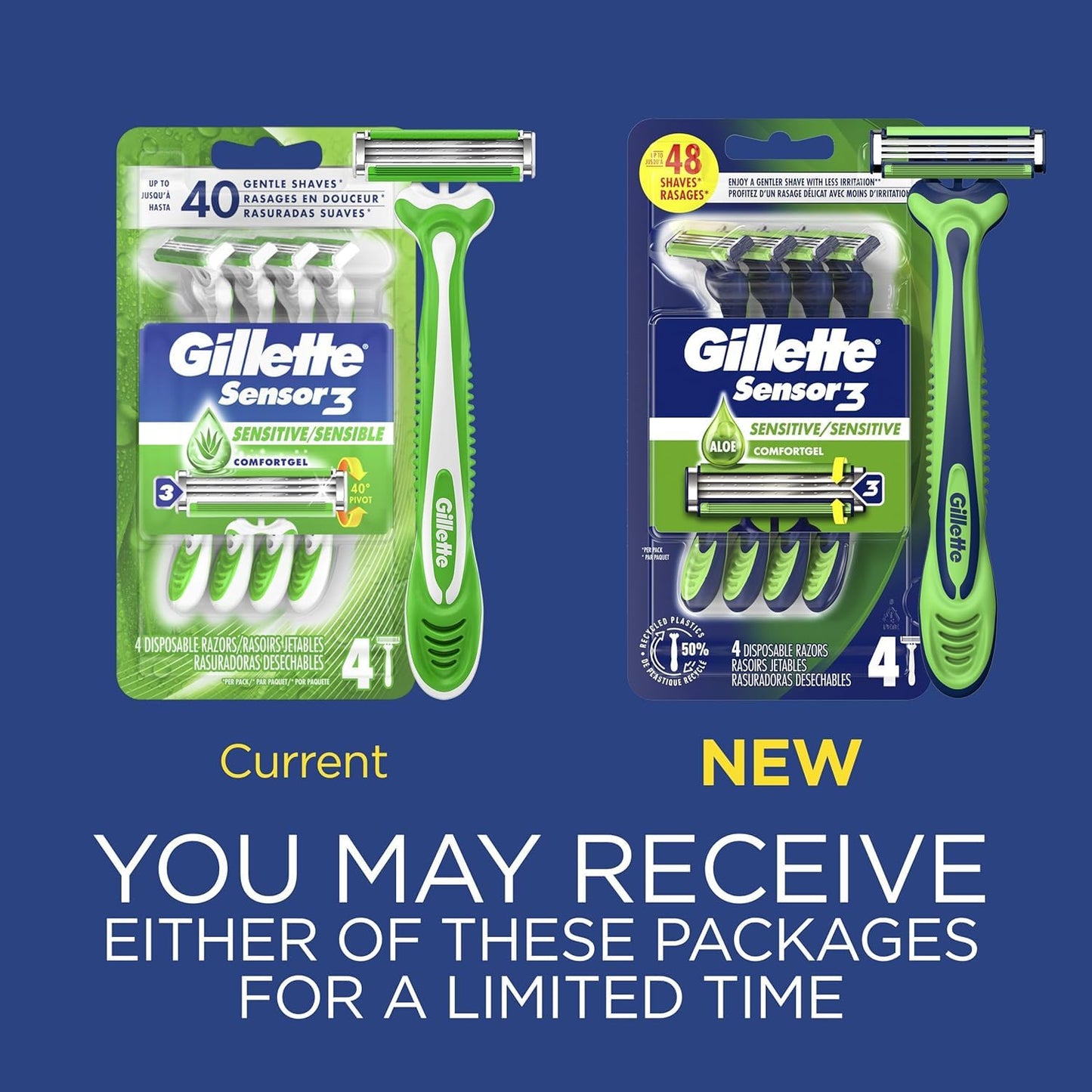 Gillette Sensor3 Sensitive Men's Disposable Razor, 1 Razor - Case of 36