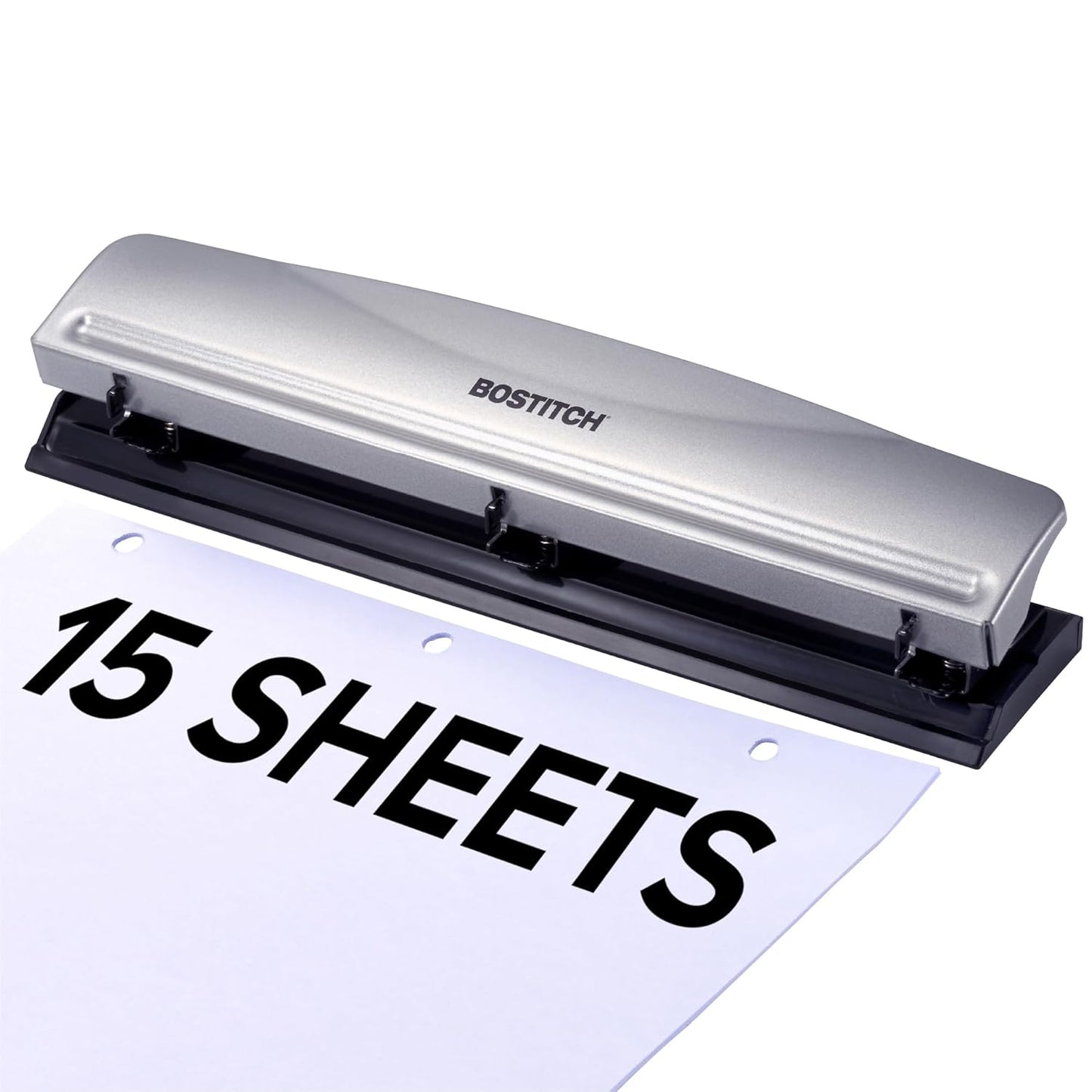 Bostitch Office Premium 3 Hole Punch, 12 Sheet Capacity, Metal, Rubber Base, Easy-Clean Tray, Silver