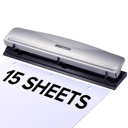 Bostitch Office Premium 3 Hole Punch, 12 Sheet Capacity, Metal, Rubber Base, Easy-Clean Tray, Silver
