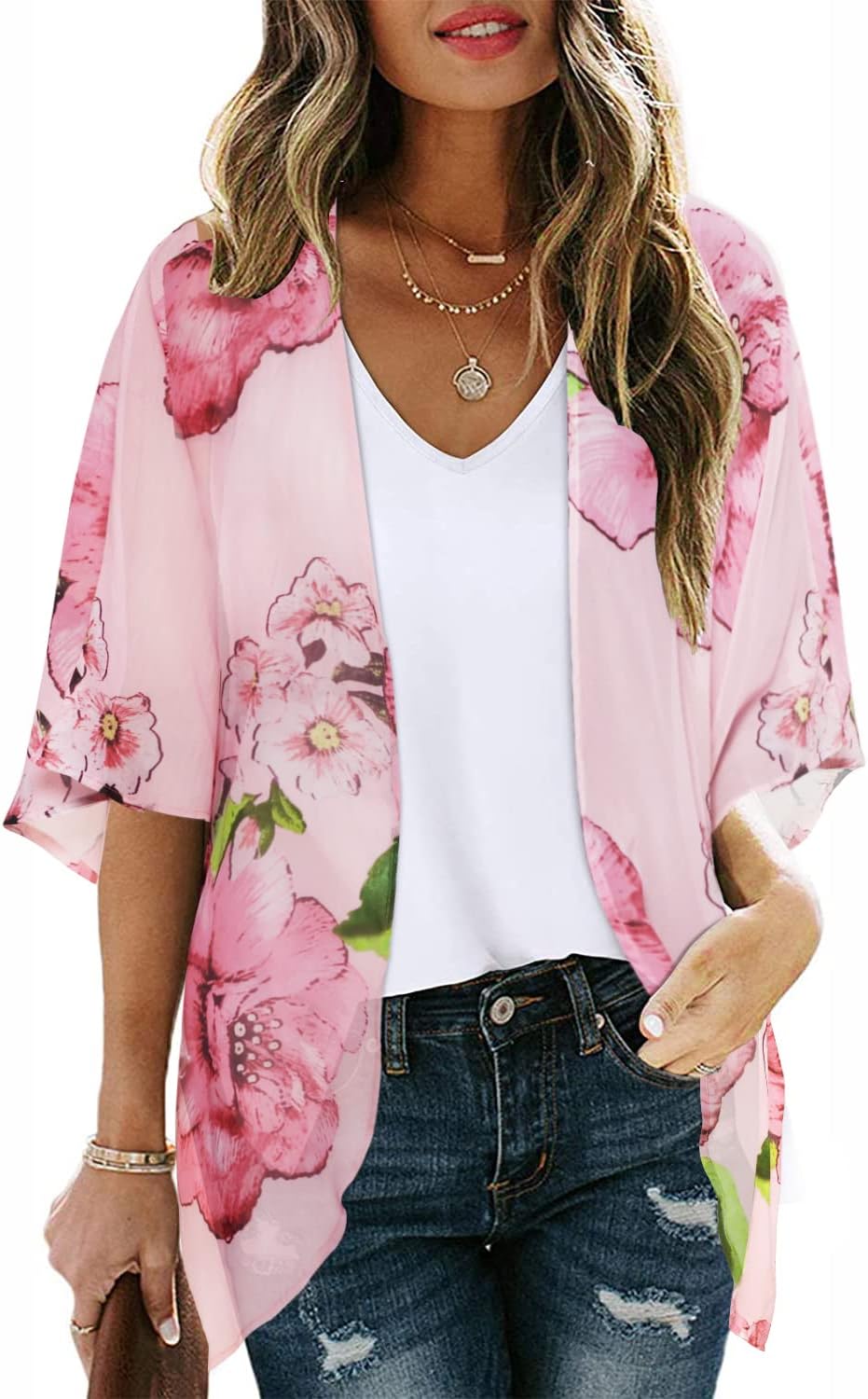 CHICGAL Womens Floral Kimono Cardigan Beach Cover Up Casual Summer Tops