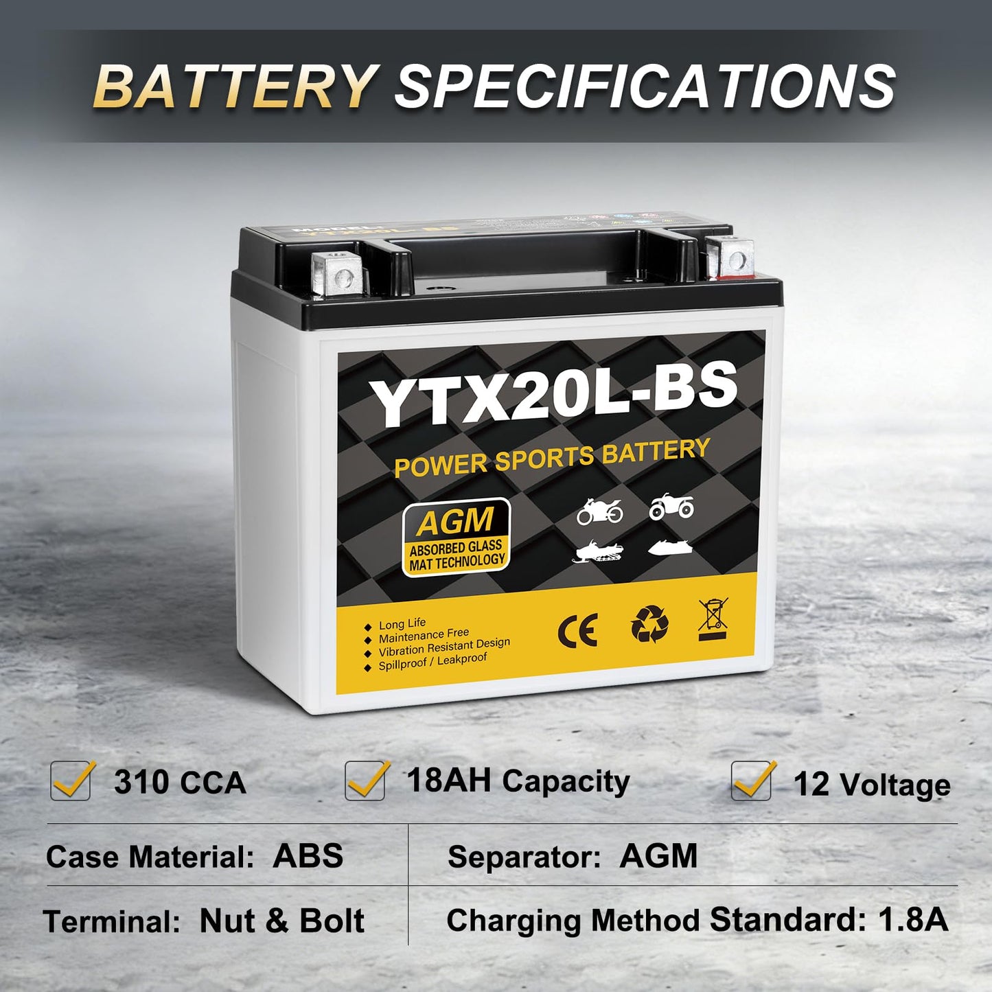 YTX14AH-BS 12V 12Ah Motorcycle Battery, 220CCA Rechargeable Maintenance Free Sealed AGM Battery, Powersport Replacement for ATV, UTV, Scooter