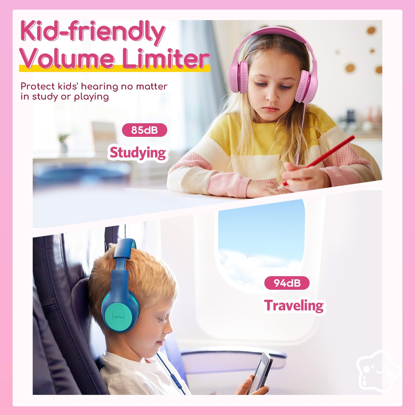 EarFun K1 Kids Headphones Wired with Mic, Volume Limit Headphones for Kids