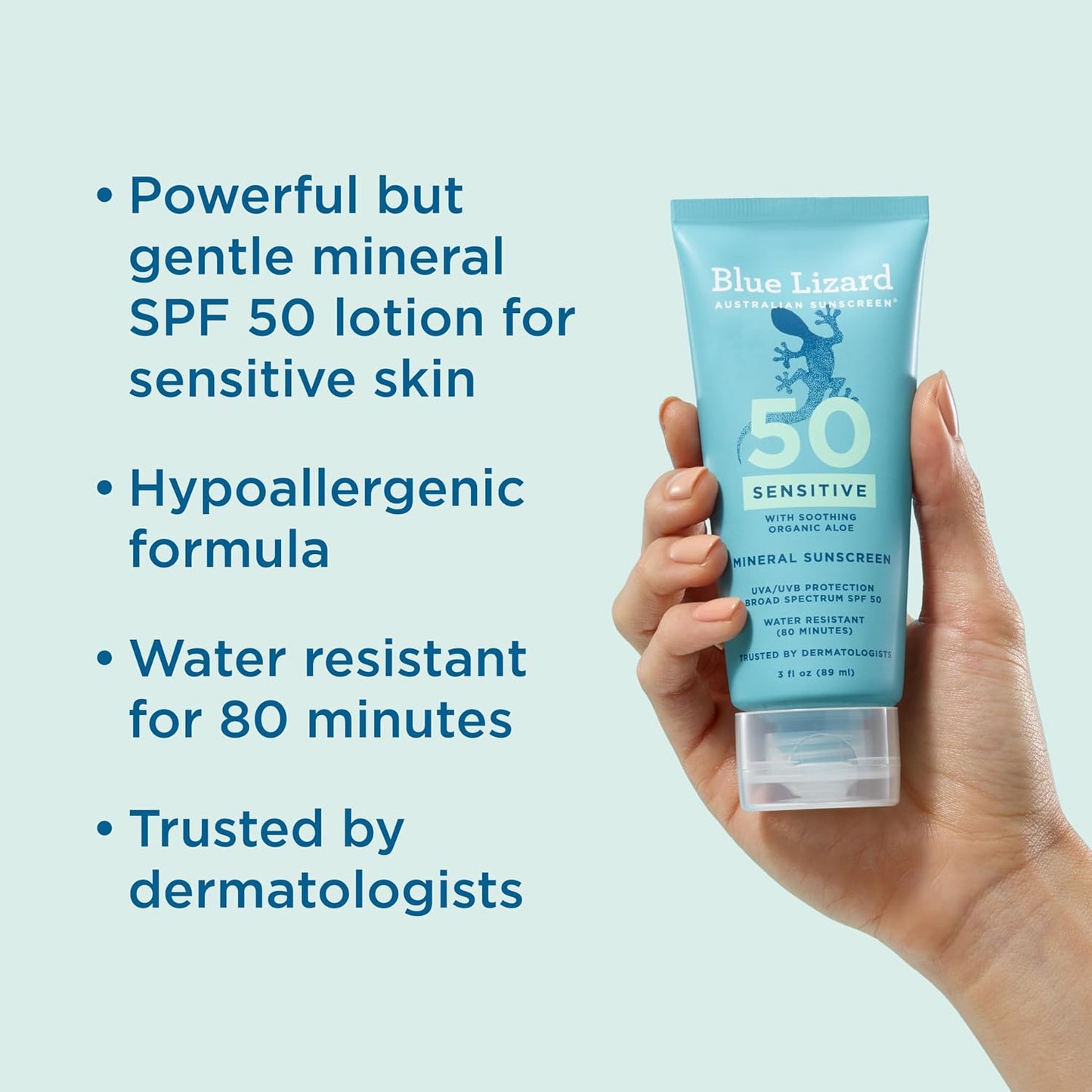 Blue Lizard Sensitive Mineral SPF 50 Sunscreen Lotion, 100% Mineral Sunscreen, UVA/UVB Protection, Infused with organic Aloe Vera, Soothes and Hydrates, 5 fl oz
