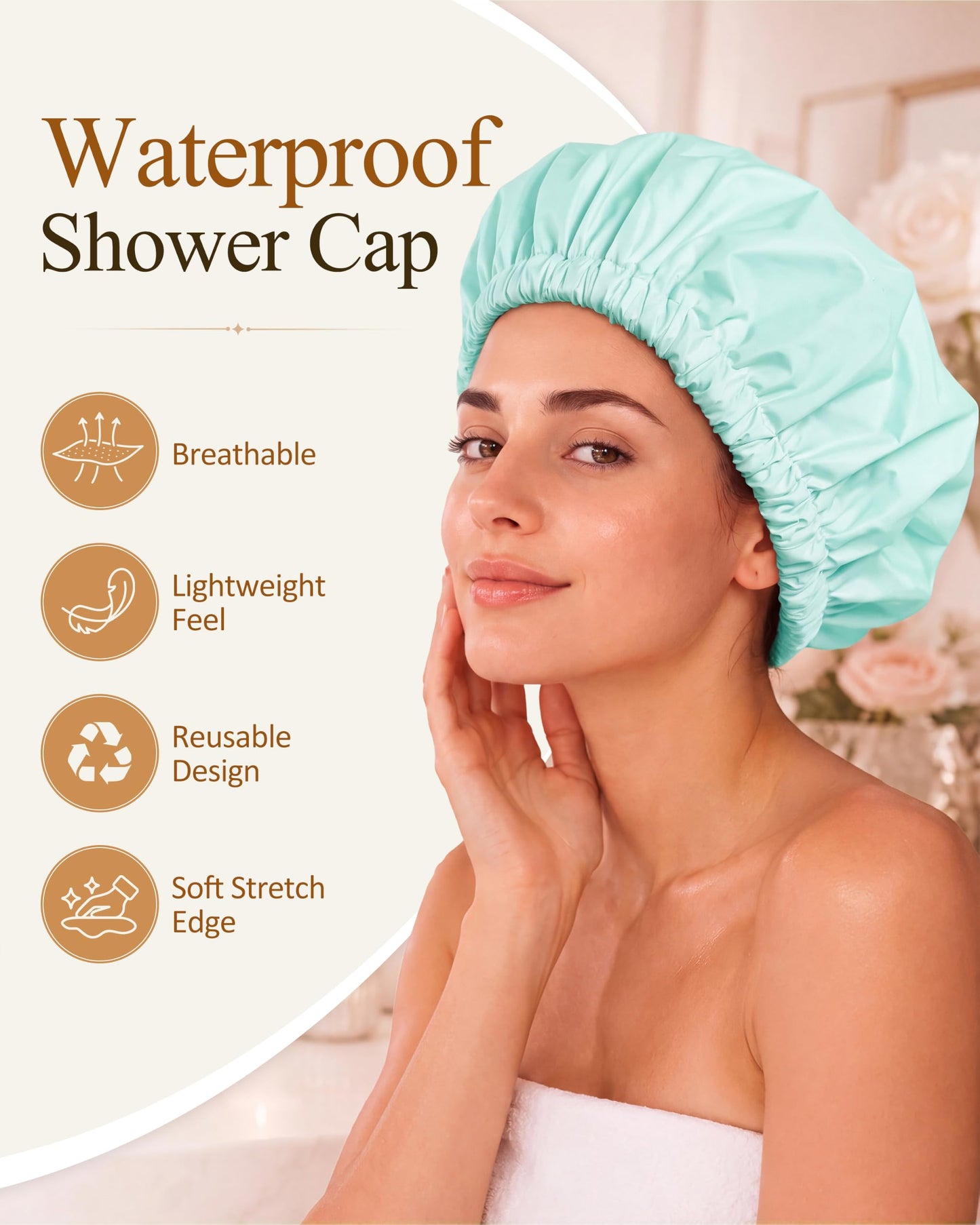Edoneery Shower Caps for Women Reusable Waterproof, Shower Hair Cap