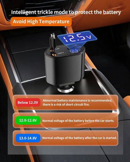 Retractable Car Charger, 4-in-1 Fast Charger with USB-C & USB-A