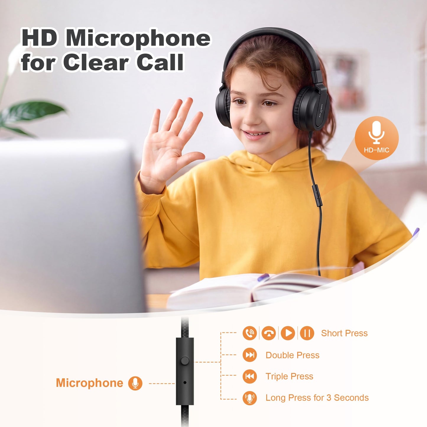 AILIHEN I35 Kids Headphones for School with Mic, 93dB Safe Volume, Orange