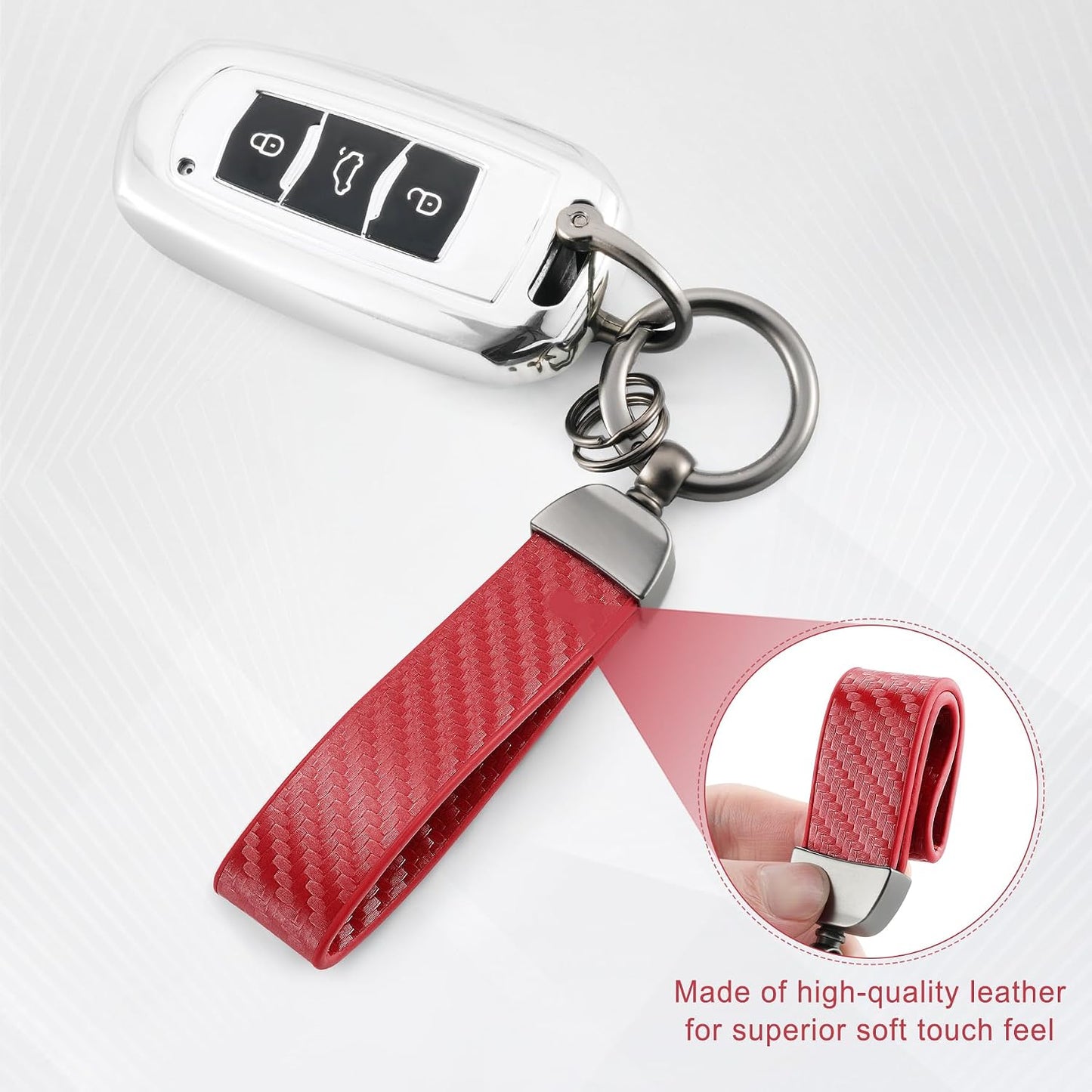 JUSTTOP Leather Keychain, Carbon Fiber Car Key Chain with Anti-Lost D-Ring and 2 Key Ring, Keychain Wristlet, Car Accessories, Universal Keychain for Men and Women (Black)