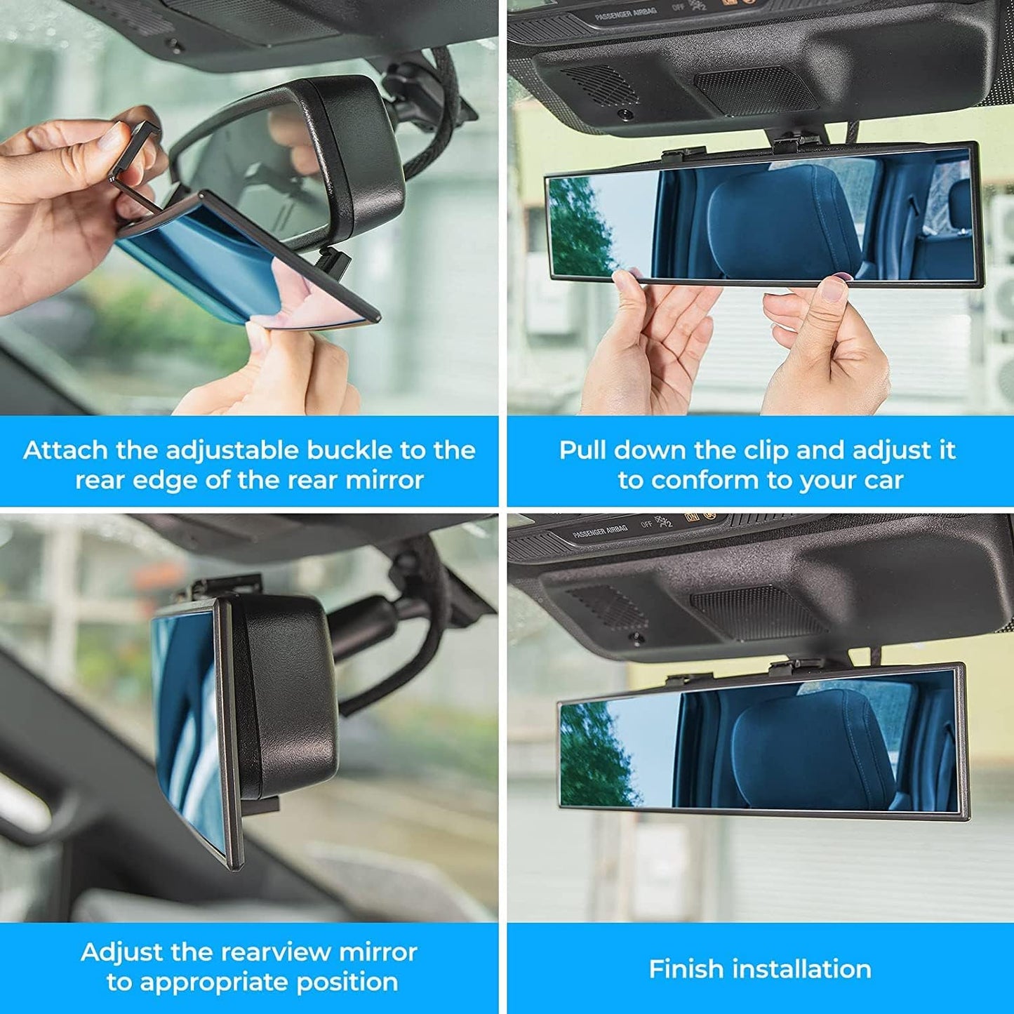 JOYTUTUS Rear View Mirror, Universal 12 Inch Panoramic Convex Rearview Interior Clip-on Wide Angle Mirror to Reduce Blind Spot Effectively for Car SUV Trucks - Blue