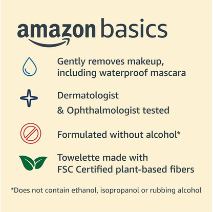 Amazon Basics Makeup Remover Wipes, Fragrance-Free, Alcohol-Free, Gentle Cleansing, Plant-Based, Dermatologist Tested, Removes Waterproof Mascara, Resealable, 25 Count, 1-Pack