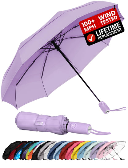 Windproof Travel Umbrella - Compact & Withstands Winds up to 100MPH, Strongest Premium Auto Folding Umbrella for Rain and Sun - Durable, Light & Portable for Women & Men, Fits Backpack & Cars