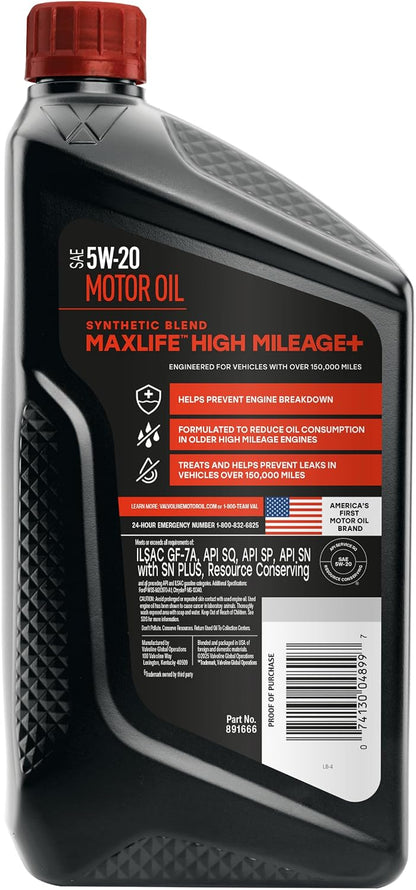 Valvoline MaxLife High Mileage 5W-30 Synthetic Blend Motor Oil 5 Quart