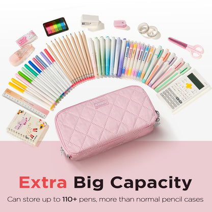 Sooez Large Pencil Case Pouch, Extra Big Pencil Bag with 8 Compartments, Pen Bag Wide Opening, Soft Quilted Pencil Pouch Organizer with Zipper, Portable Pencil Case for Teen Girls, Beige