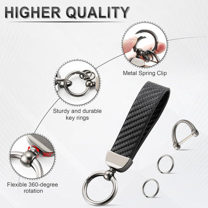 JUSTTOP Leather Keychain, Carbon Fiber Car Key Chain with Anti-Lost D-Ring and 2 Key Ring, Keychain Wristlet, Car Accessories, Universal Keychain for Men and Women (Black)