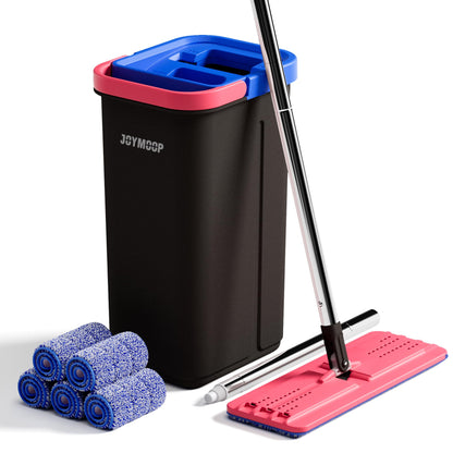 JOYMOOP Wall Mop and Bucket Set, Hands-Free Flat Floor Mop with 3 Washable Microfiber Pads, Wet and Dry Use, Ideal for Home and Commercial Floor Cleaning