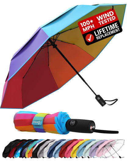 Windproof Travel Umbrella - Compact & Withstands Winds up to 100MPH, Strongest Premium Auto Folding Umbrella for Rain and Sun - Durable, Light & Portable for Women & Men, Fits Backpack & Cars