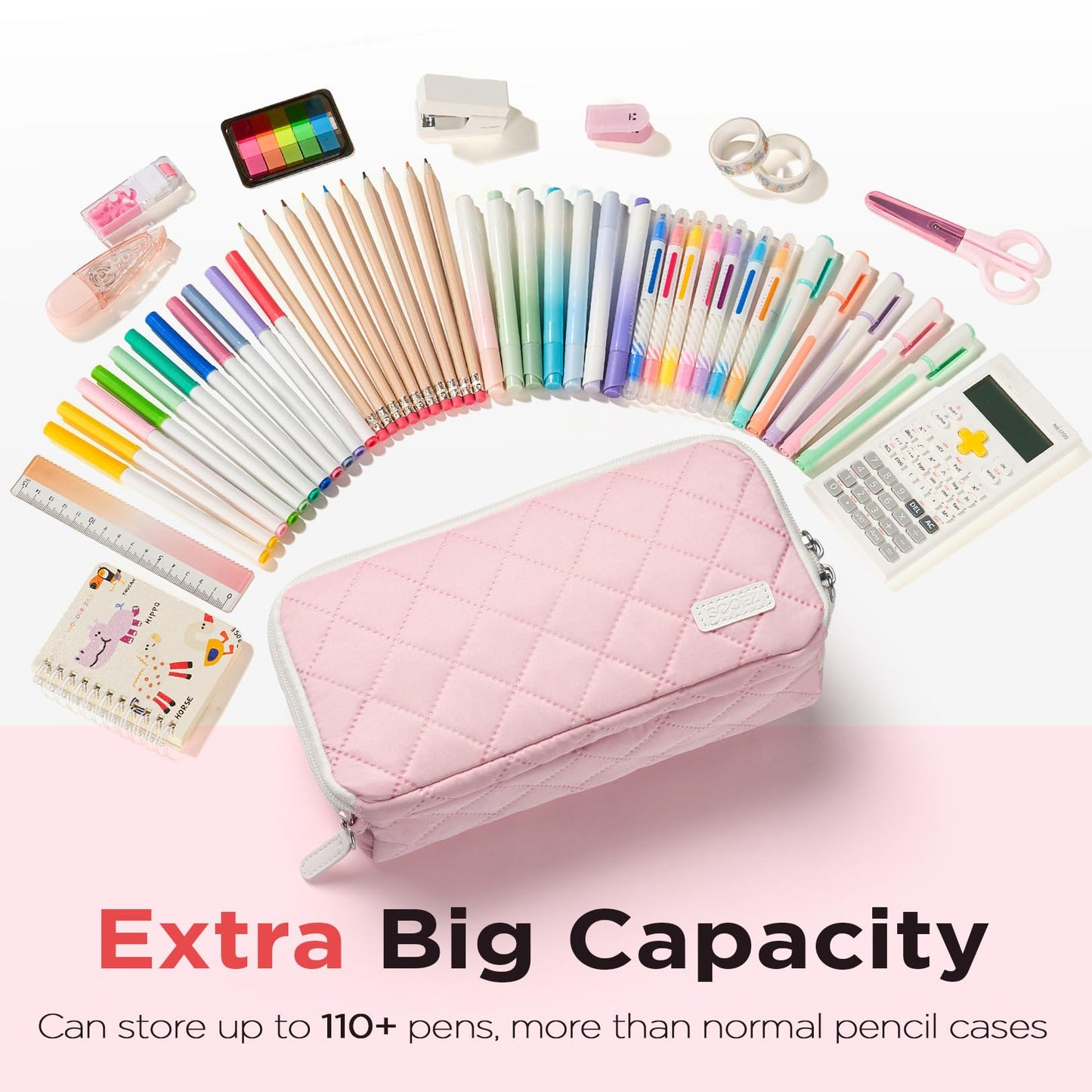 Sooez Large Pencil Case Pouch, Extra Big Pencil Bag with 8 Compartments, Pen Bag Wide Opening, Soft Quilted Pencil Pouch Organizer with Zipper, Portable Pencil Case for Teen Girls, Beige