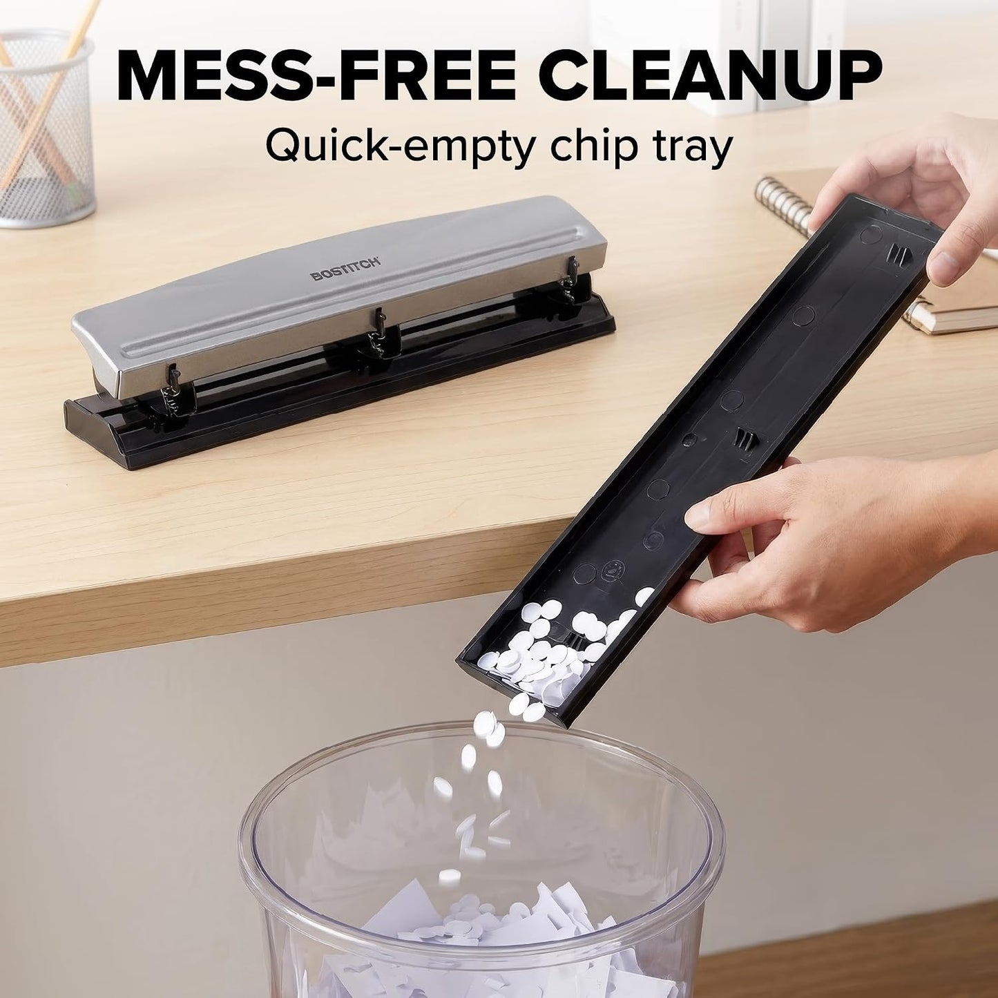 Bostitch Office Premium 3 Hole Punch, 12 Sheet Capacity, Metal, Rubber Base, Easy-Clean Tray, Silver