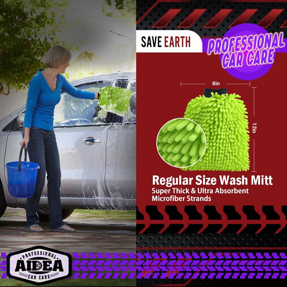 AIDEA Car Wash Mitt Microfiber, 4PK,Car Wash Brush, Green 8''X12''