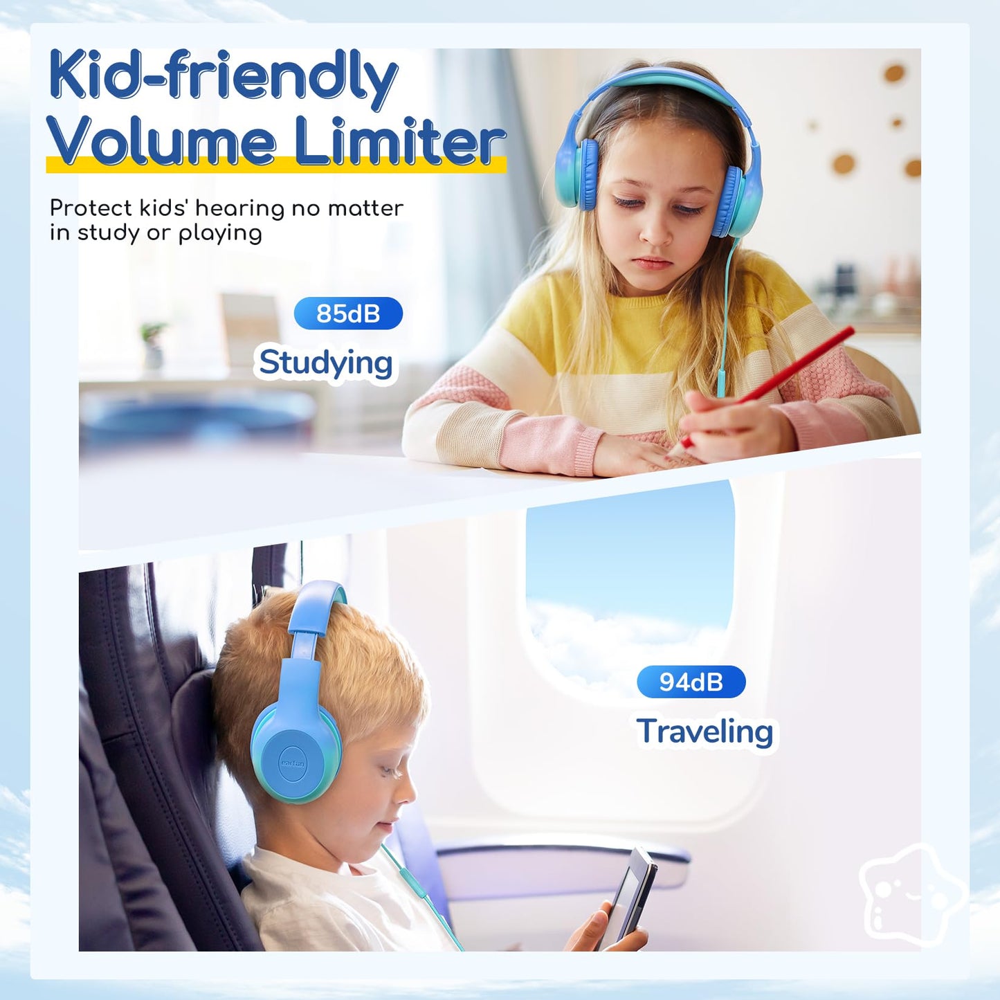 EarFun K1 Kids Headphones Wired with Mic, Volume Limit Headphones for Kids