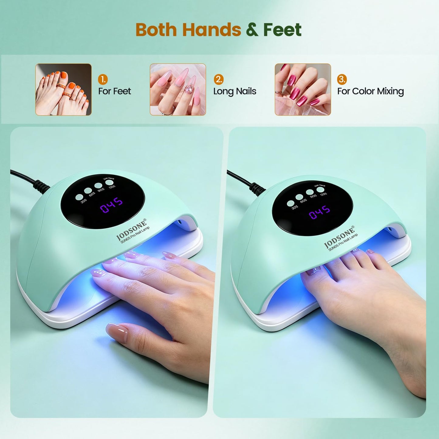 JODSONE U V LED Nail Lamp with Base Coat Top Coat Set, Nail Dryer for Gel Polish for Nails with Automatic Sensor & 4 Timers