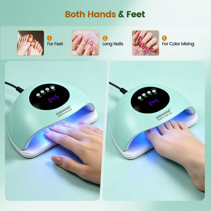 JODSONE U V LED Nail Lamp with Base Coat Top Coat Set, Nail Dryer for Gel Polish for Nails with Automatic Sensor & 4 Timers